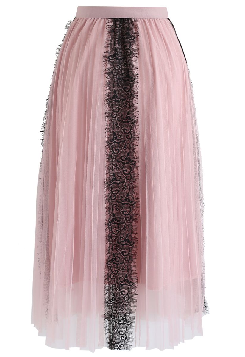 Lace Trim Mesh Tulle Midi Skirt in Pink