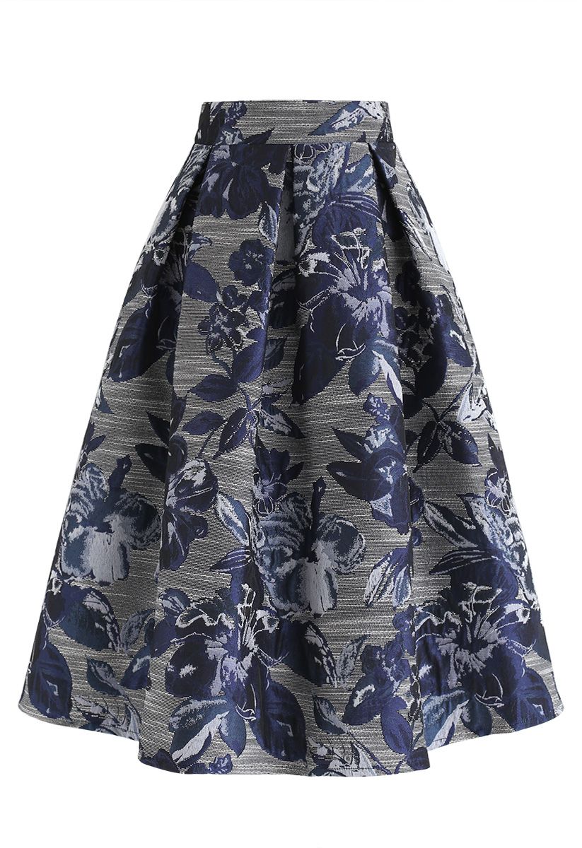 Floral Jacquard A-Line Midi Skirt