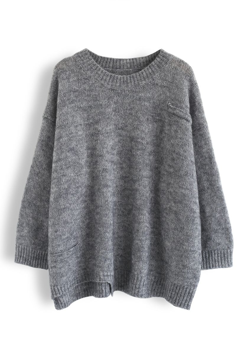 Hi-Lo Hem Oversize Knit Sweater in Grey
