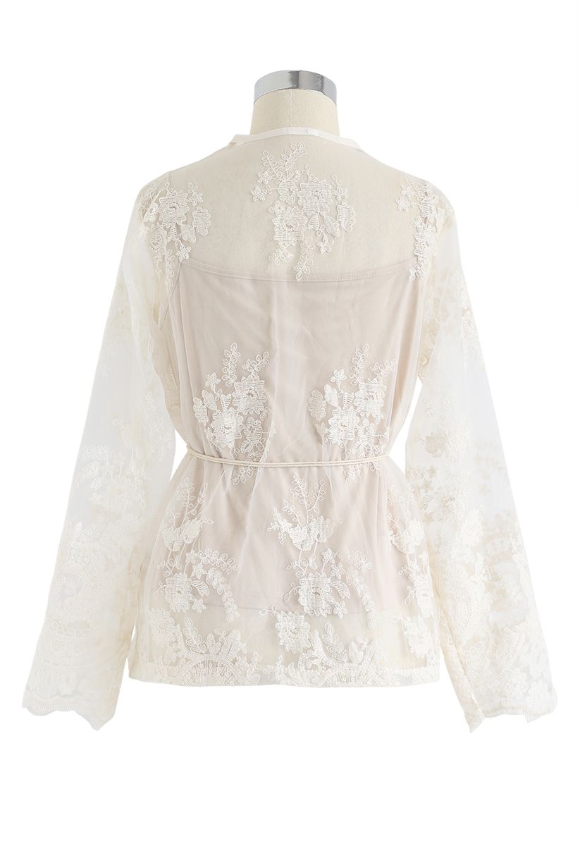 Creamy Full Embroidery Sheer Wrap Top