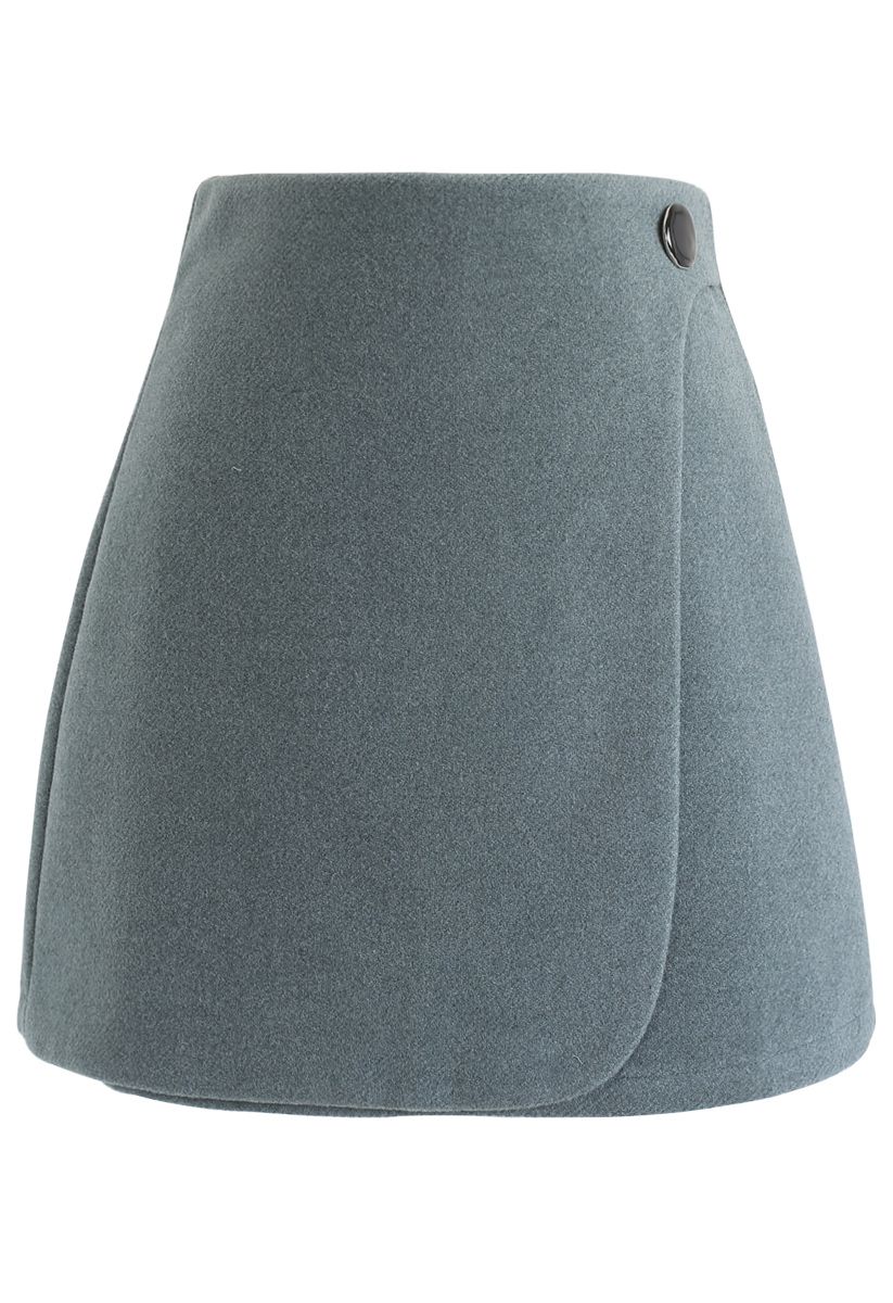 Button Decorated Flap Mini Skirt in Teal