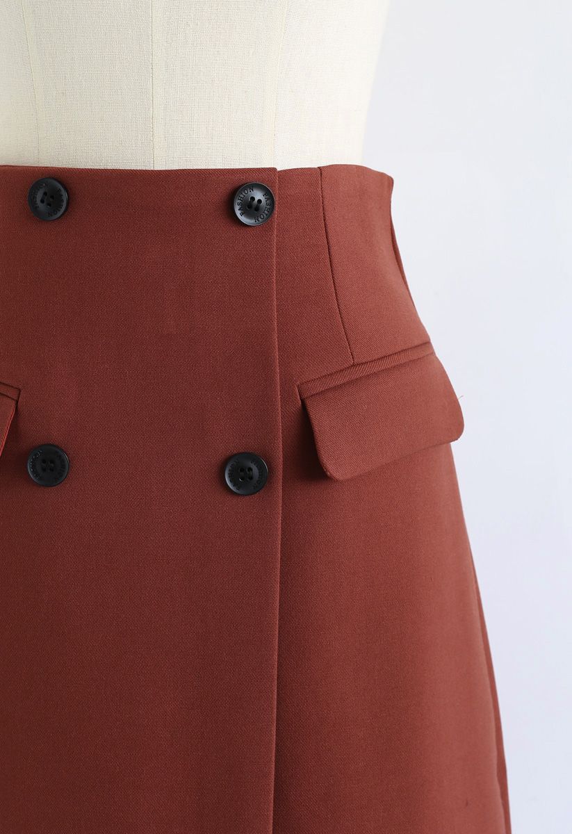 Button Decorated Flap Pockets Skirt in Rust Red