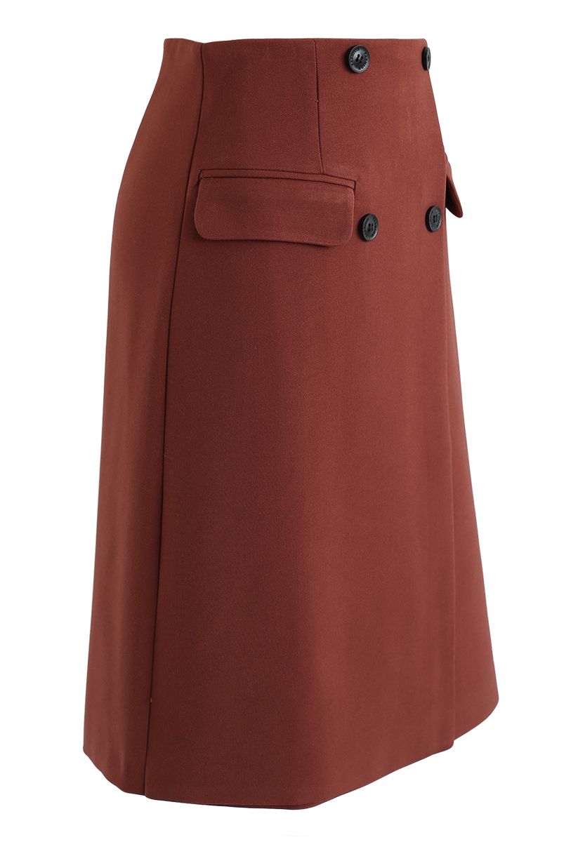 Button Decorated Flap Pockets Skirt in Rust Red