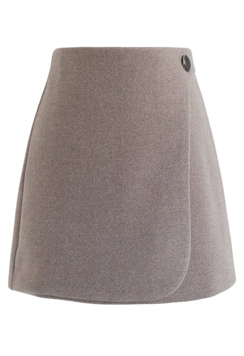 Button Decorated Flap Mini Skirt in Taupe