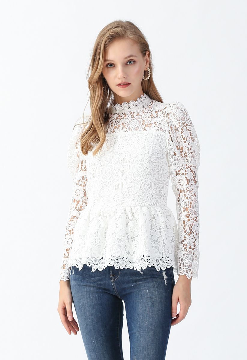 Full Floral Crochet Peplum Top in White