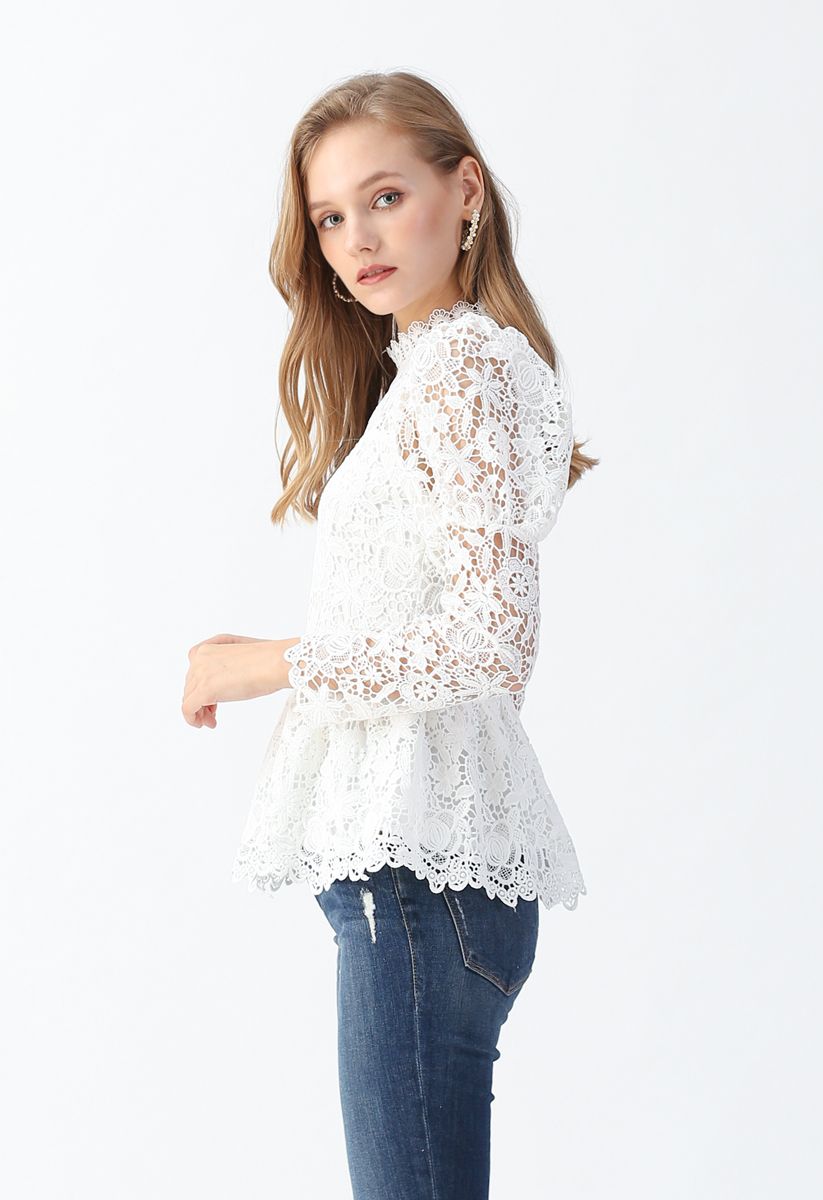 Full Floral Crochet Peplum Top in White