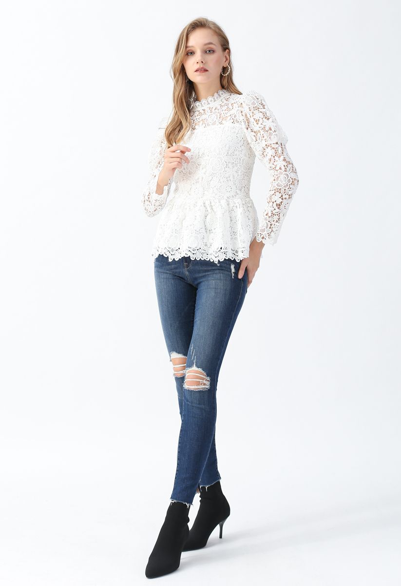 Full Floral Crochet Peplum Top in White