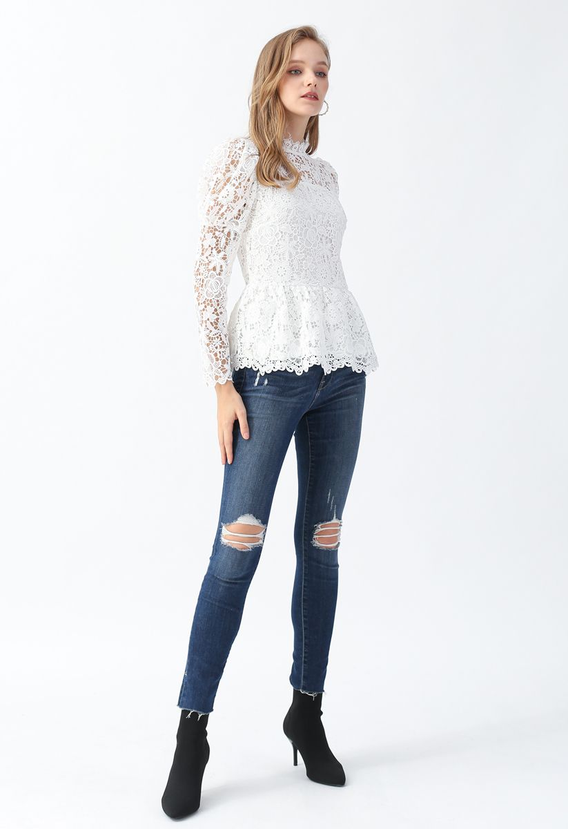 Full Floral Crochet Peplum Top in White