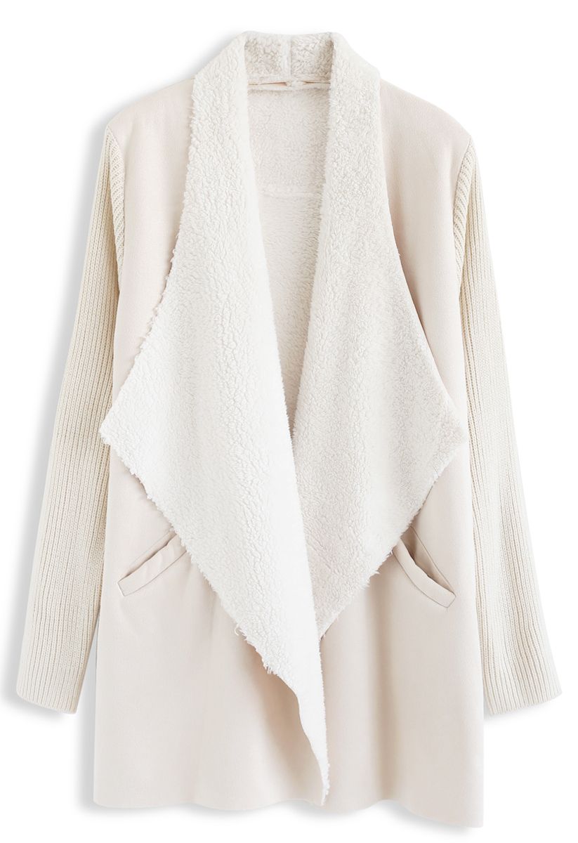 Open Front Faux Fur Suede Drape Coat in Cream