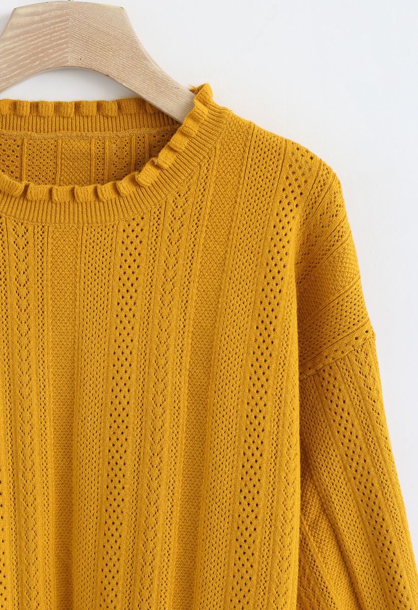 Eyelet Trim Frilling Neck Knit Sweater in Mustard - Retro, Indie and ...