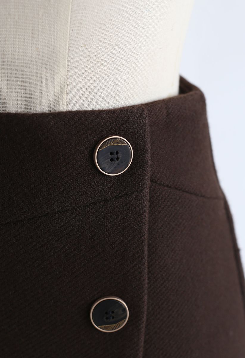 Basic Texture Button Trim Mini Skirt in Brown
