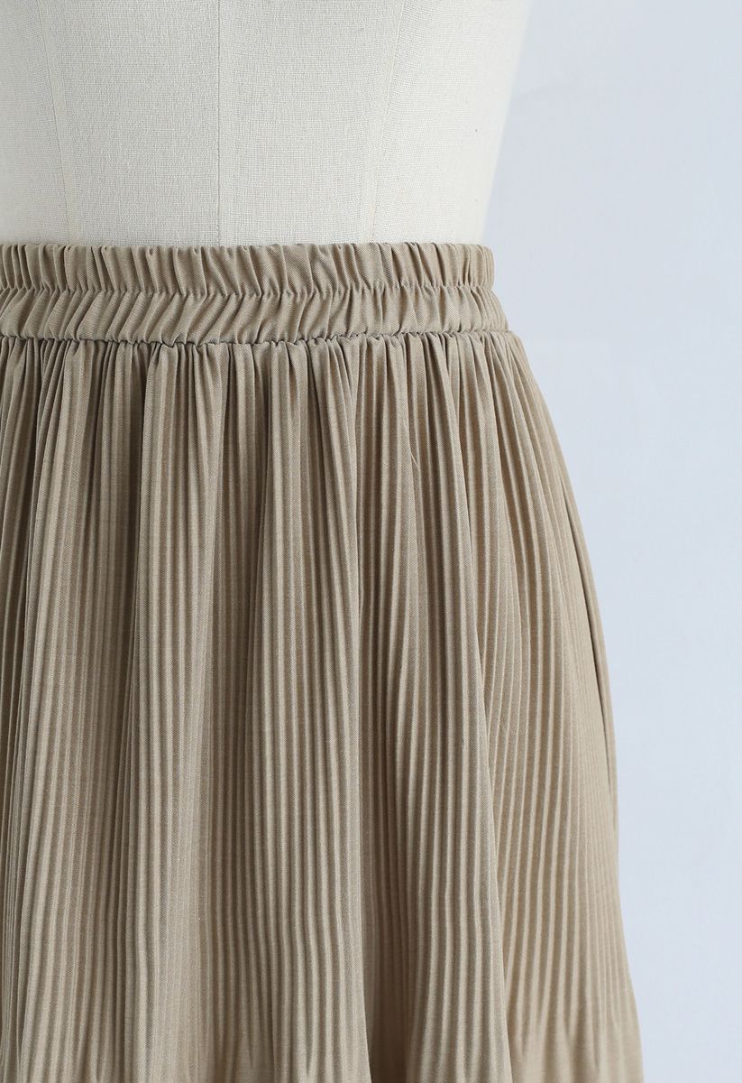 Pleated Hem A-Line Midi Skirt in Sand