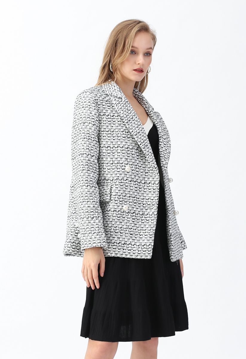 Pearl Buttons Trimmed Tweed Blazer in Black