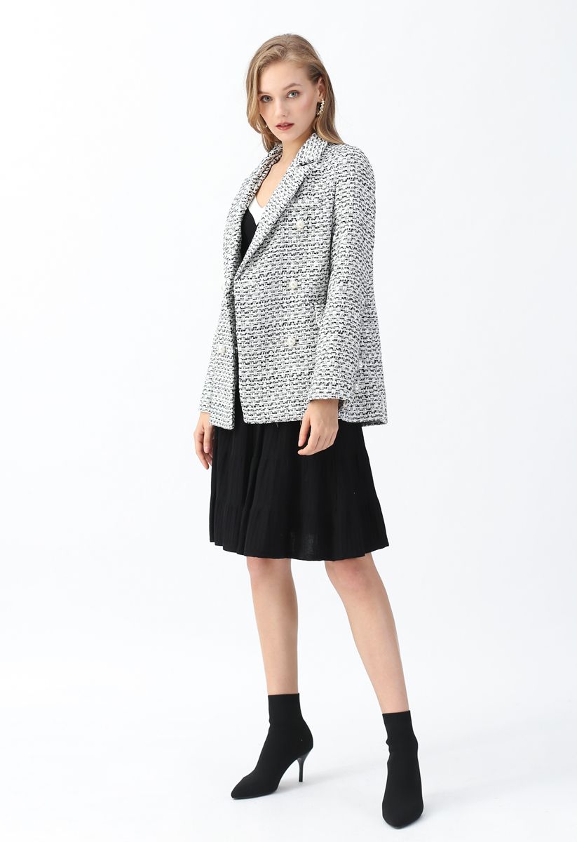 Pearl Buttons Trimmed Tweed Blazer in Black