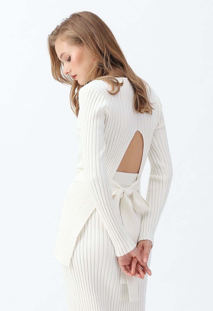 Neat Open-Back Ribbed Knit Sweater in White