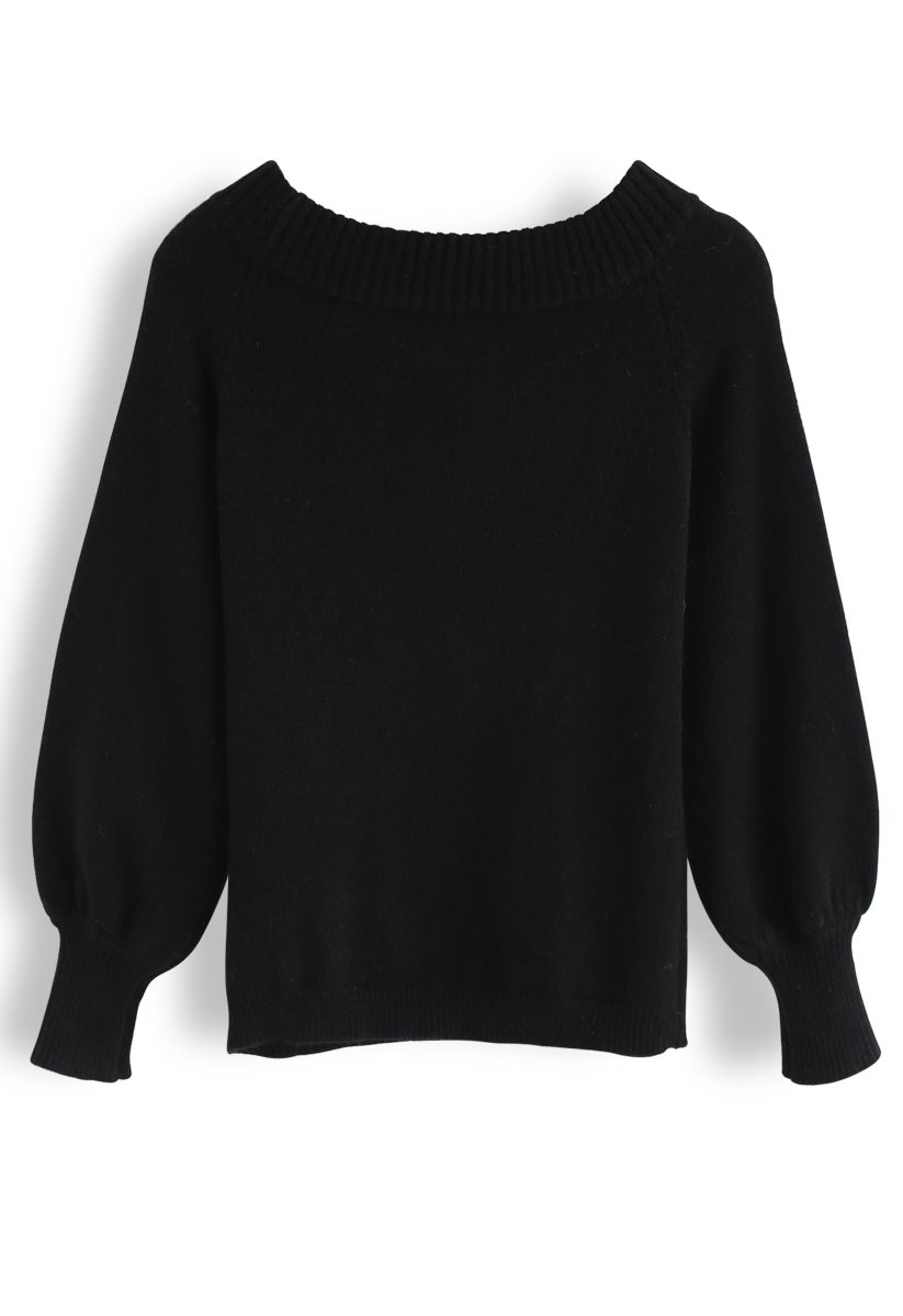 Puff Sleeves Off-Shoulder Fluffy Knit Sweater in Black - Retro, Indie ...
