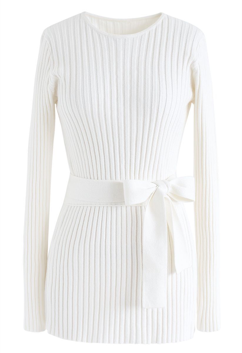 Neat Open-Back Ribbed Knit Sweater in White