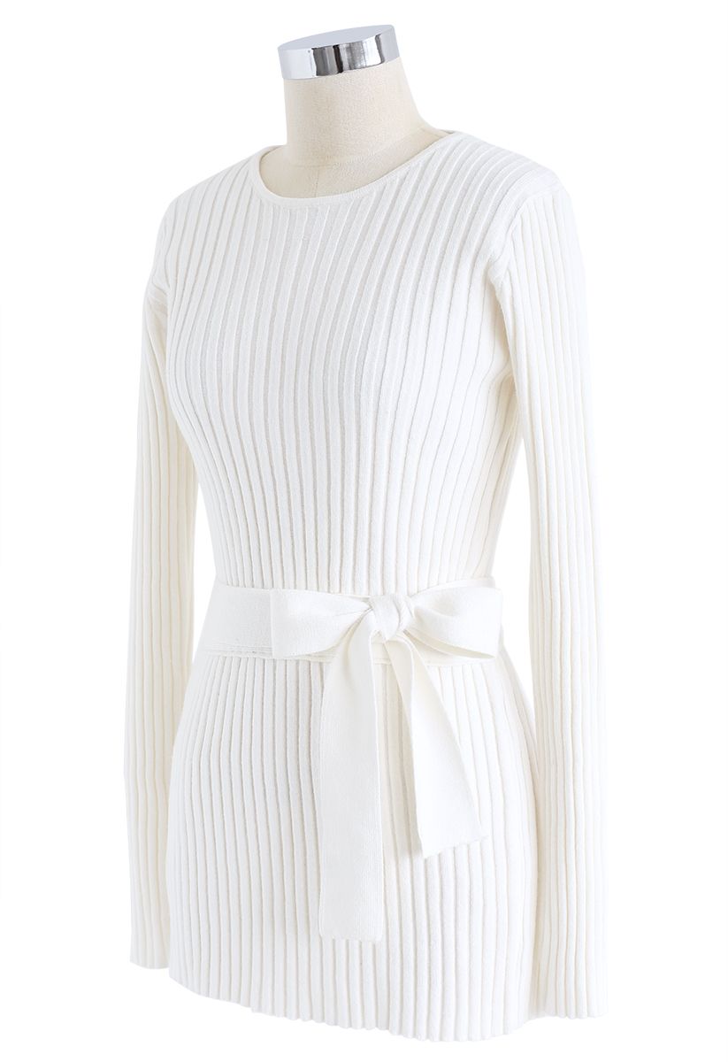 Neat Open-Back Ribbed Knit Sweater in White