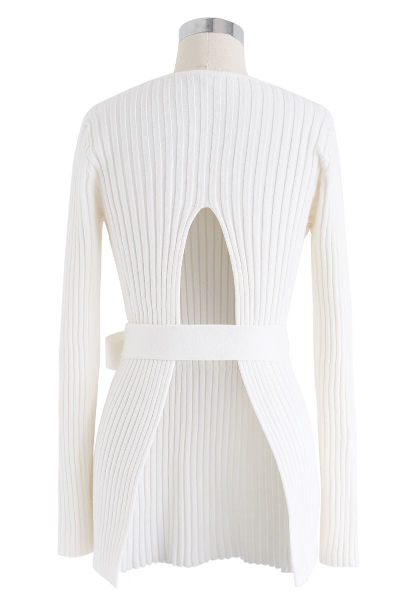 Neat Open-Back Ribbed Knit Sweater in White