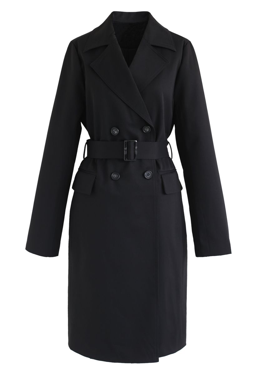 Texture Belted Double-Breasted Coat in Black