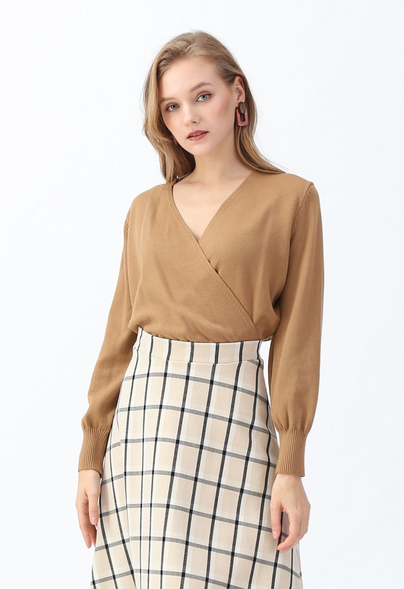 Basic Soft Wrapped Knit Top in Tan