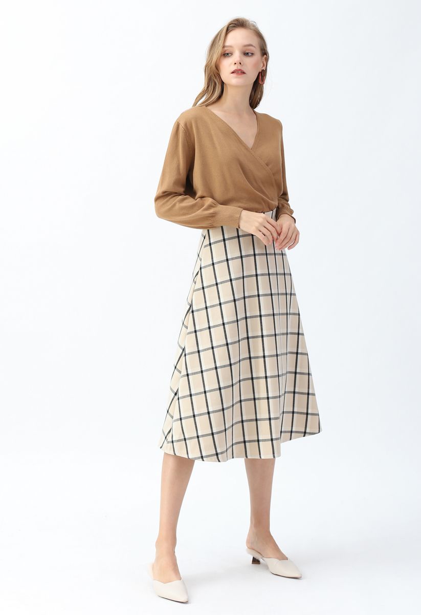 Grid A-Line Midi Skirt in Sand
