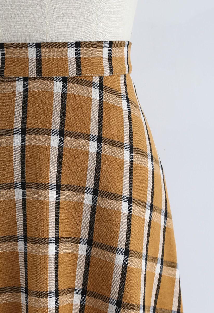 Grid A-Line Midi Skirt in Mustard
