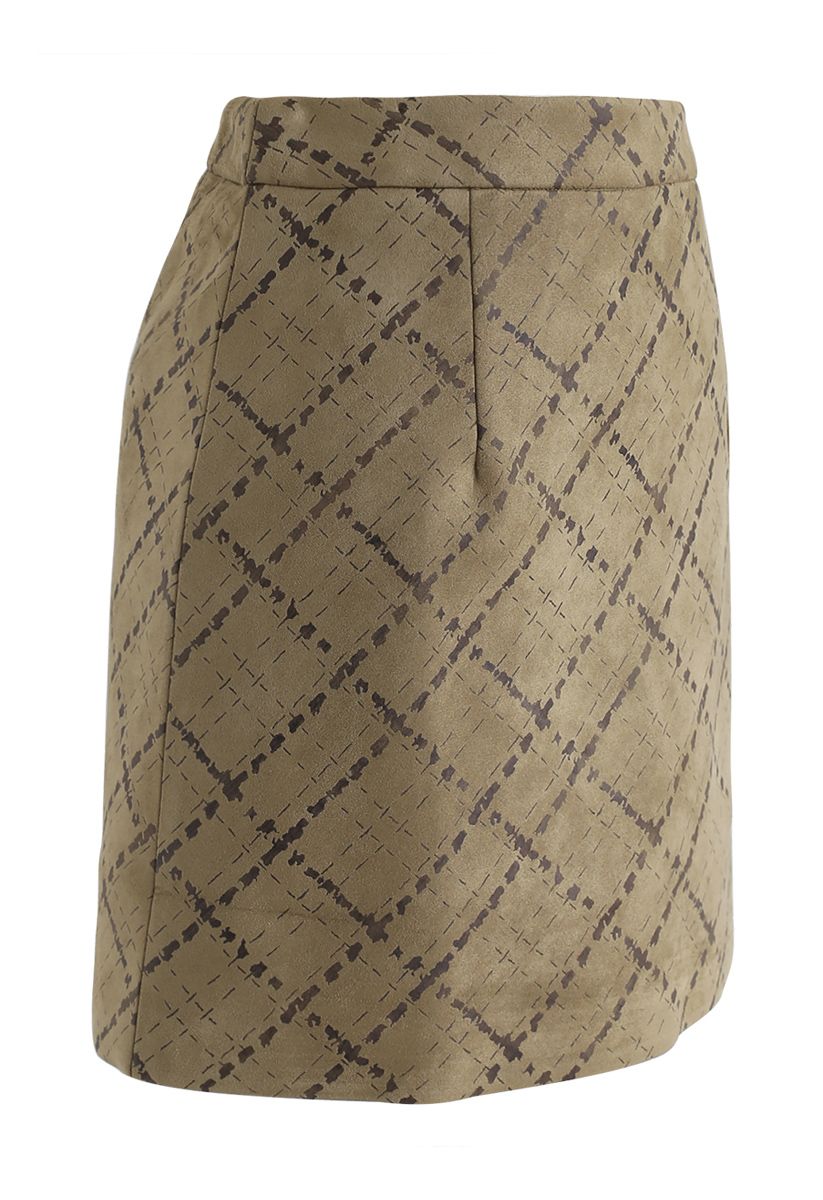 Grid Pattern Faux Suede Bud Skirt in Olive
