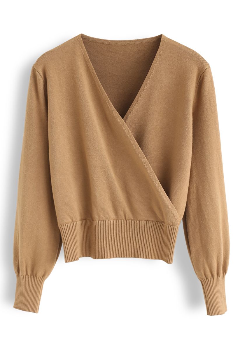 Basic Soft Wrapped Knit Top in Tan