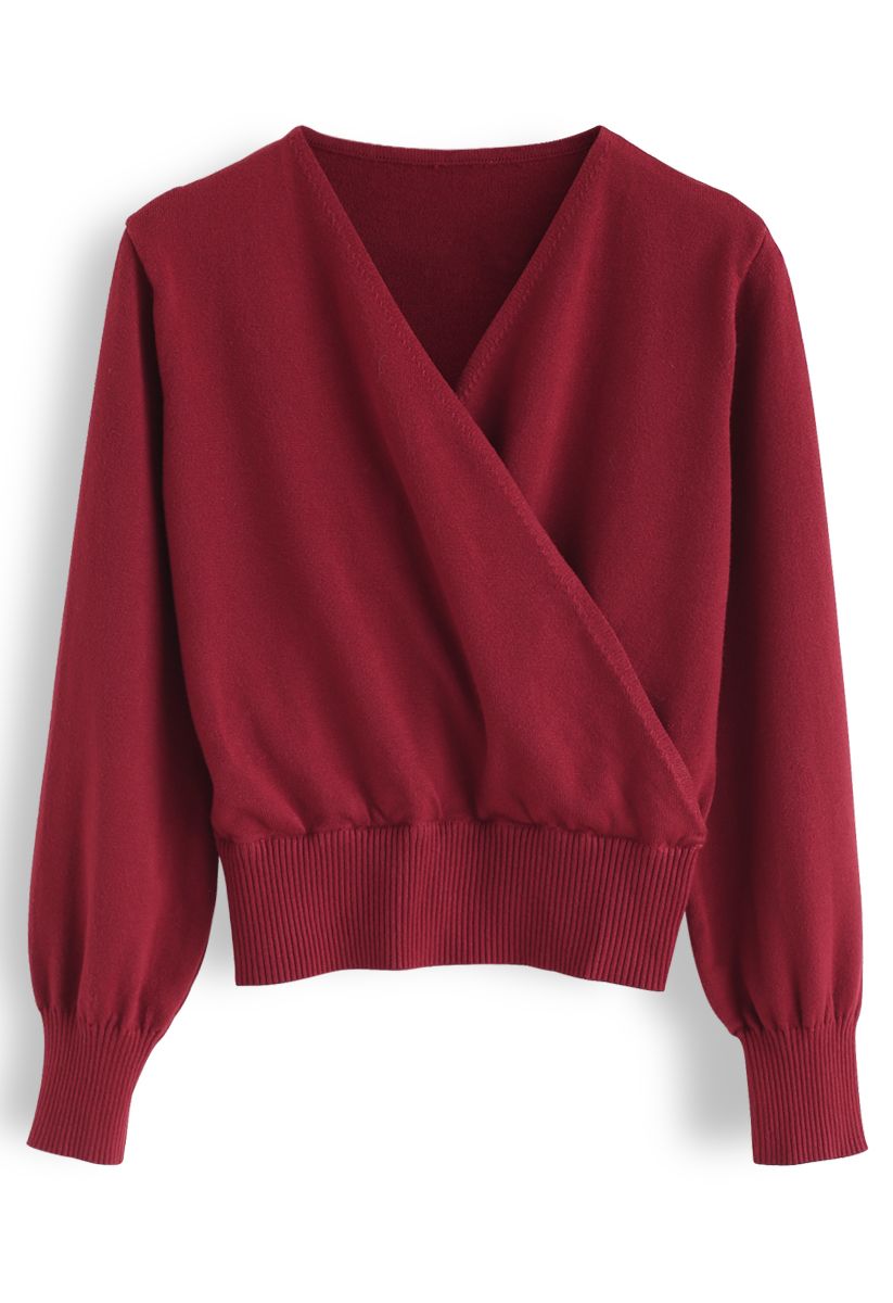Basic Soft Wrapped Knit Top in Red