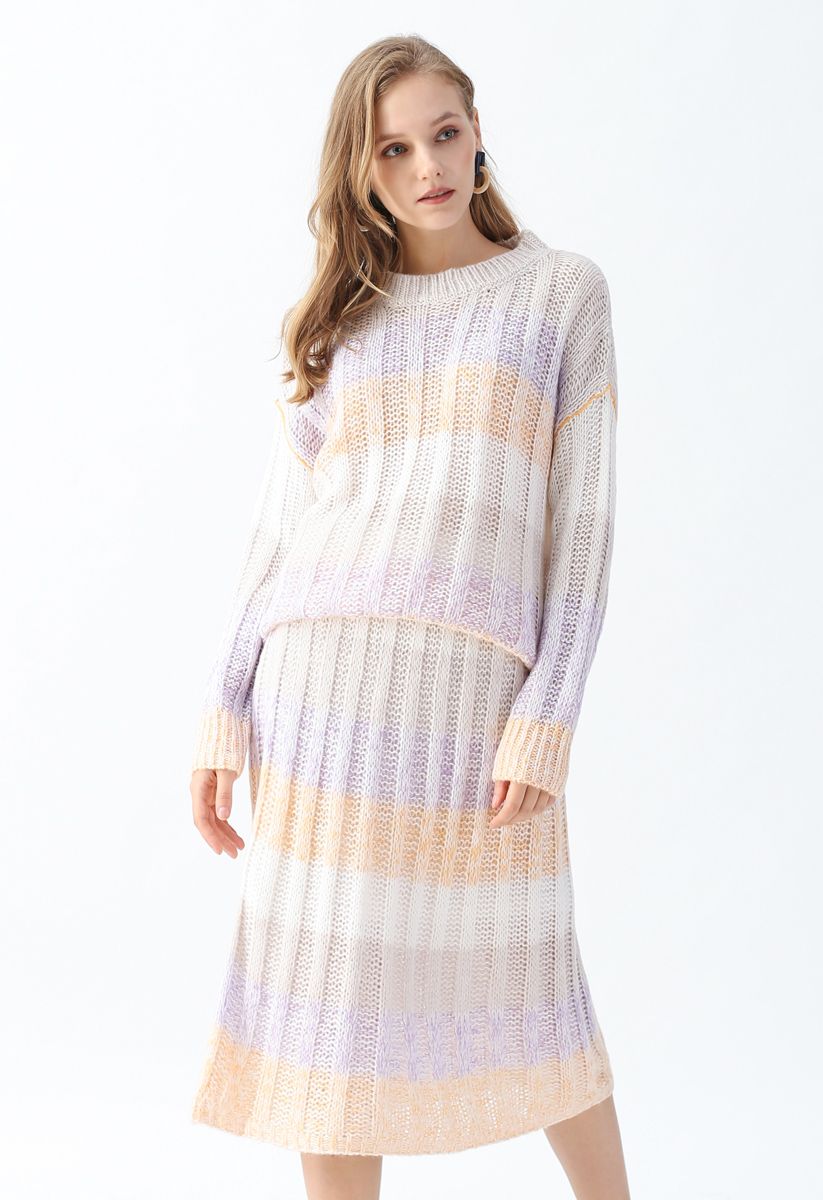 Macarons Color Blocked Ribbed Knit Sweater and Midi Skirt Set