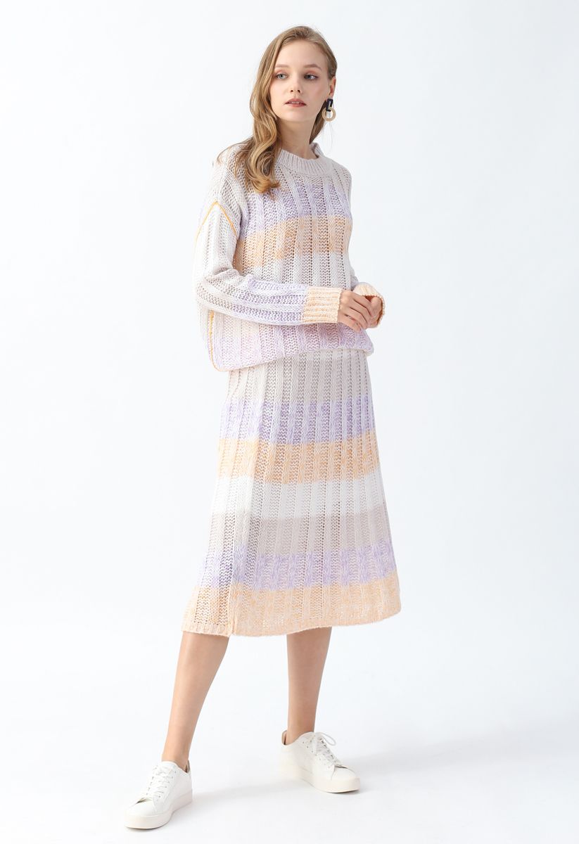 Macarons Color Blocked Ribbed Knit Sweater and Midi Skirt Set