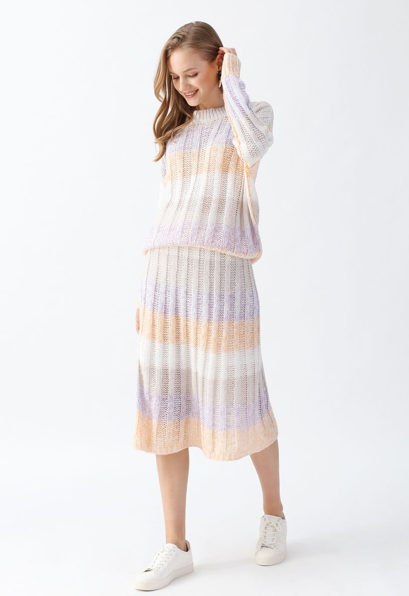 Macarons Color Blocked Ribbed Knit Sweater and Midi Skirt Set