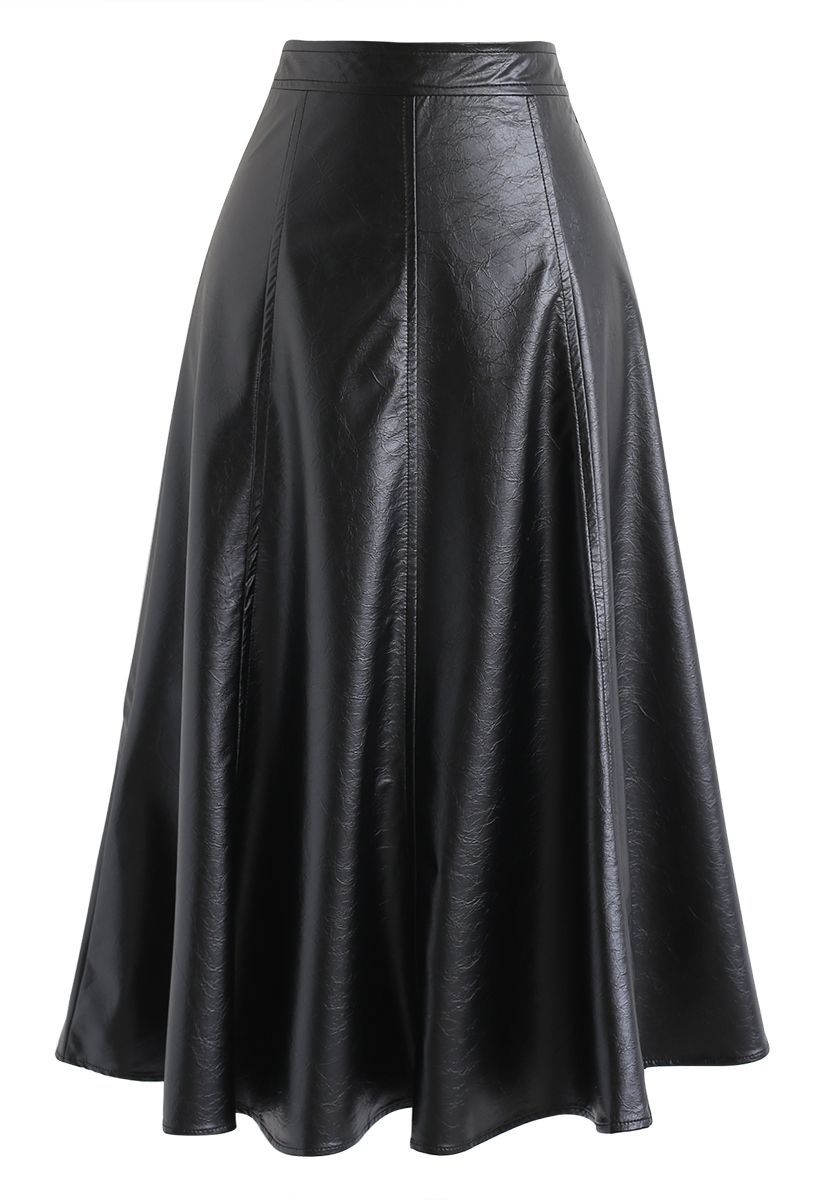 Faux Leather A-Line Midi Skirt in Black - Retro, Indie and Unique Fashion