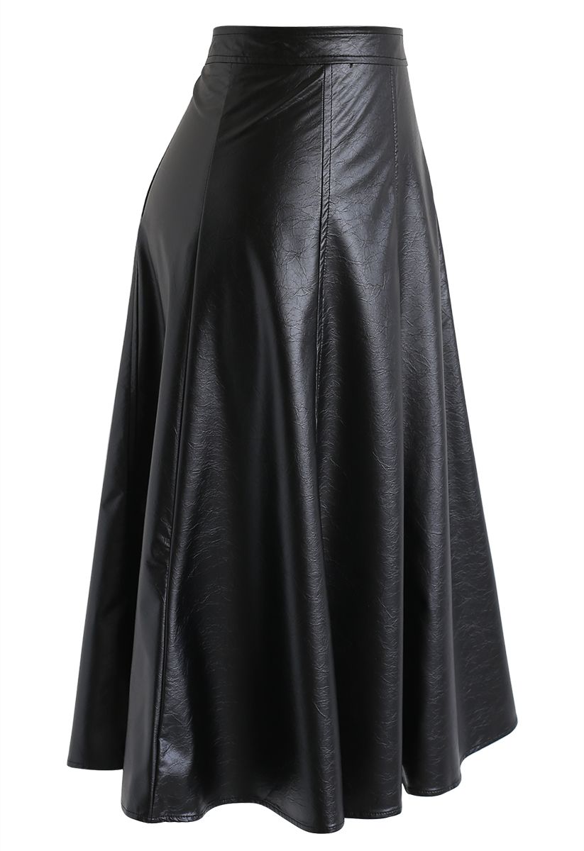 Faux Leather A-Line Midi Skirt in Black - Retro, Indie and Unique Fashion