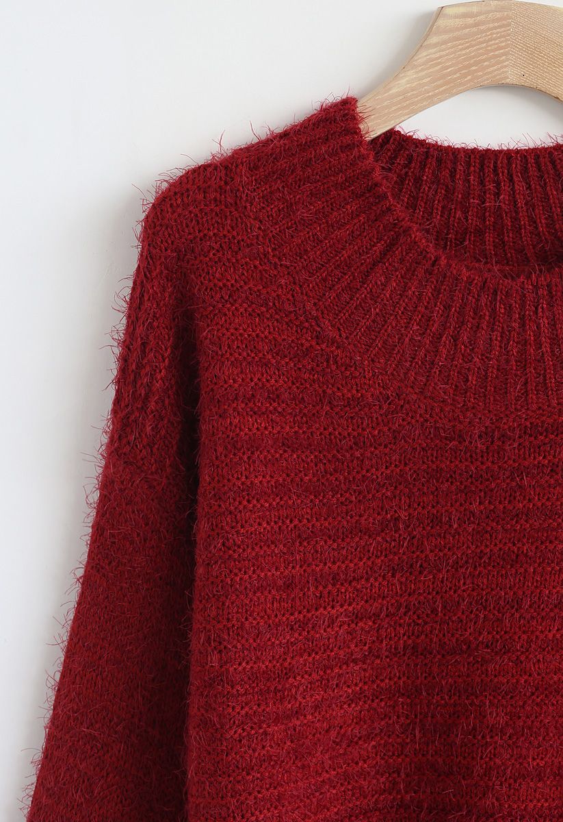 Round Neck Fuzzy Knit Sweater in Red