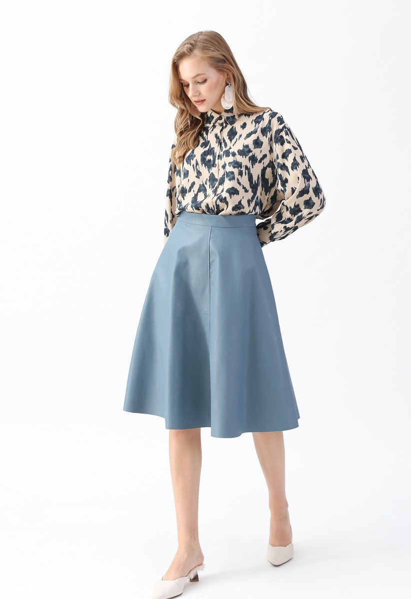 Faux Leather A-Line Midi Skirt in Blue - Retro, Indie and Unique Fashion