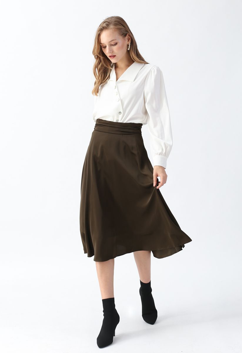 High-Waisted Satin Flare Midi Skirt in Army Green