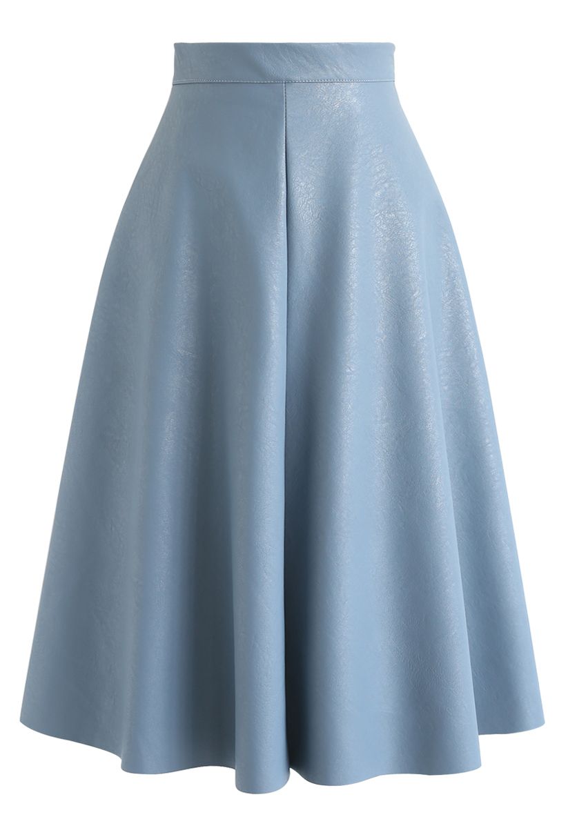 Faux Leather A-Line Midi Skirt in Blue - Retro, Indie and Unique Fashion