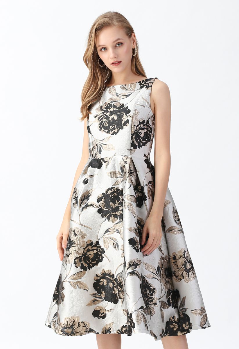 Golden Blossom Jacquard Sleeveless Midi Dress