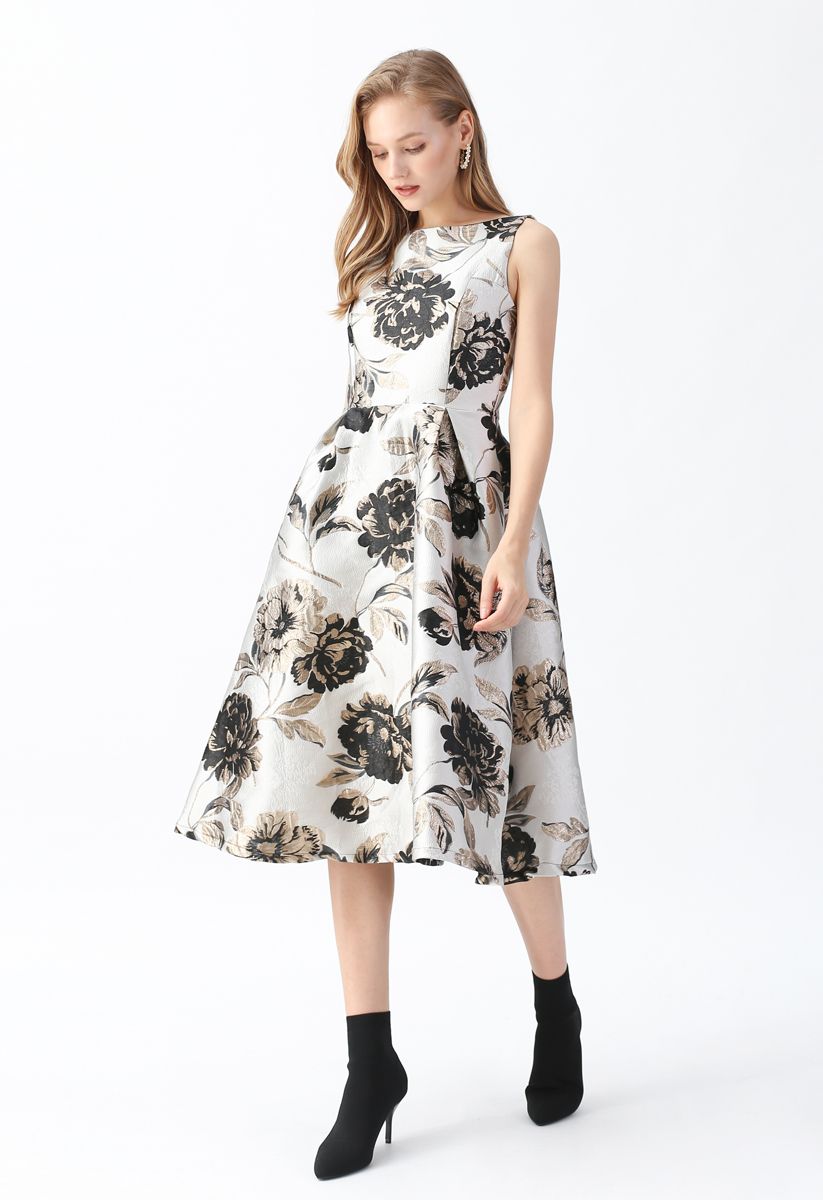 Golden Blossom Jacquard Sleeveless Midi Dress