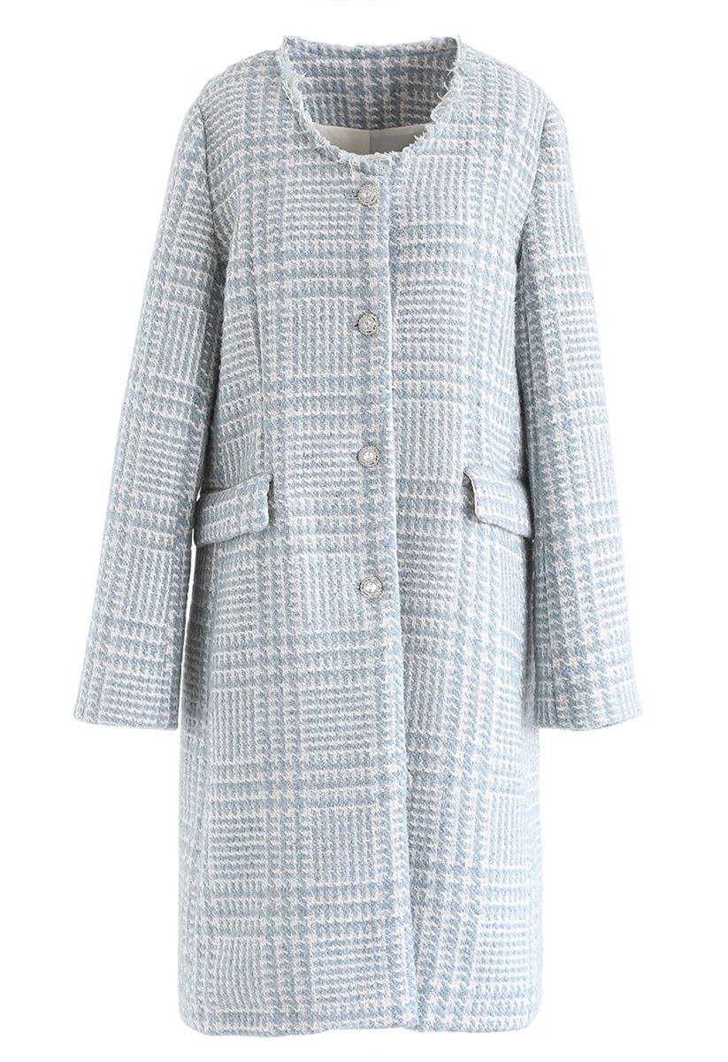 Houndstooth Collarless Wool-Blend Coat in Blue