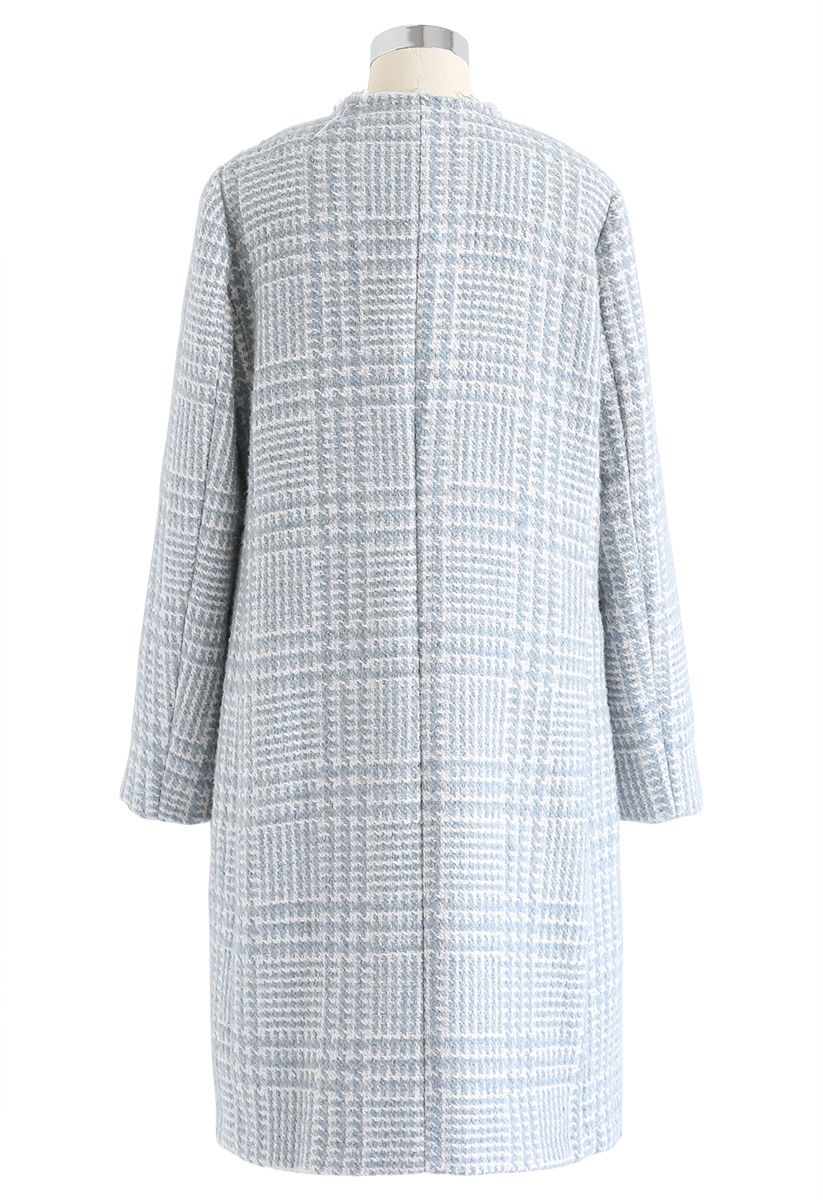 Houndstooth Collarless Wool-Blend Coat in Blue