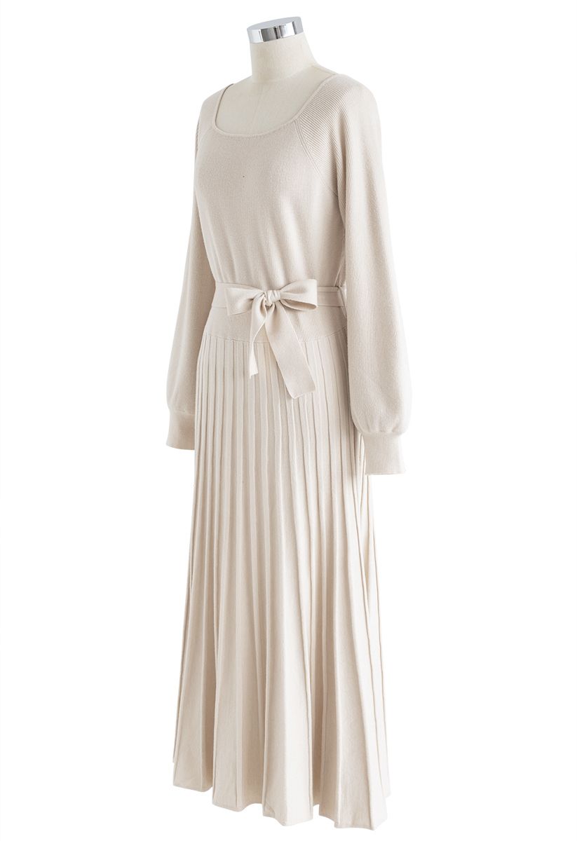 Square Neck Bowknot Pleated Knit Dress in Cream
