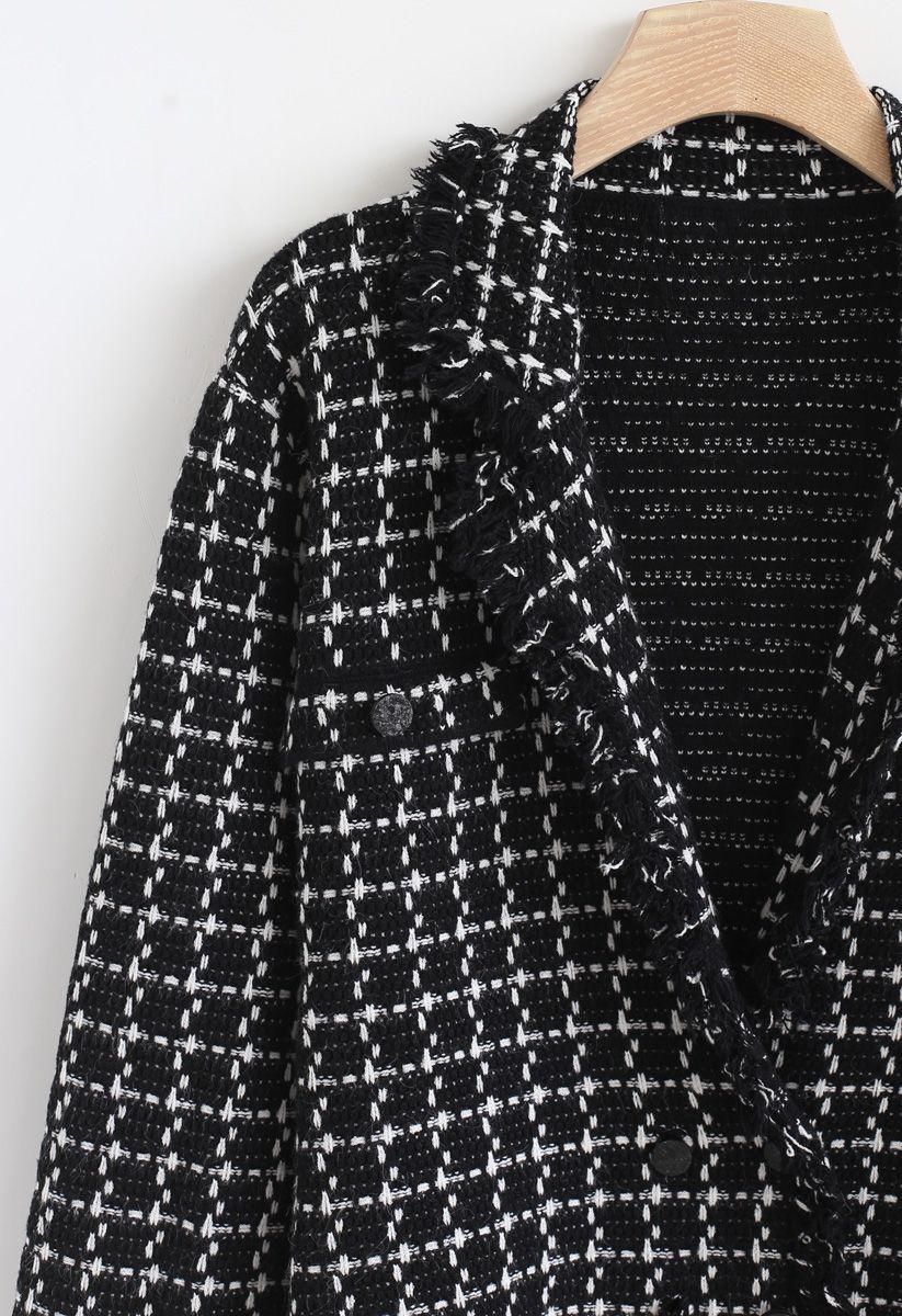 Grid Raw Edge Button Knit Cardigan in Black