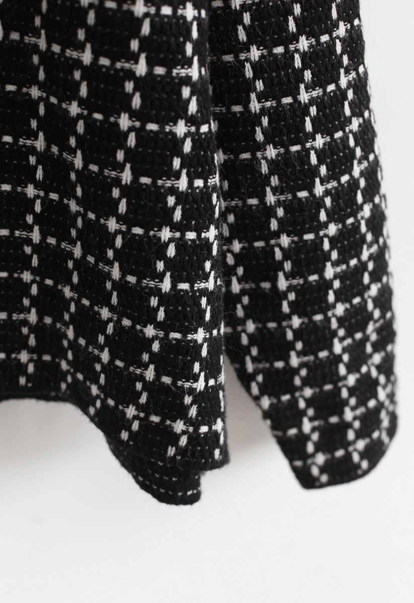 Grid Raw Edge Button Knit Cardigan in Black