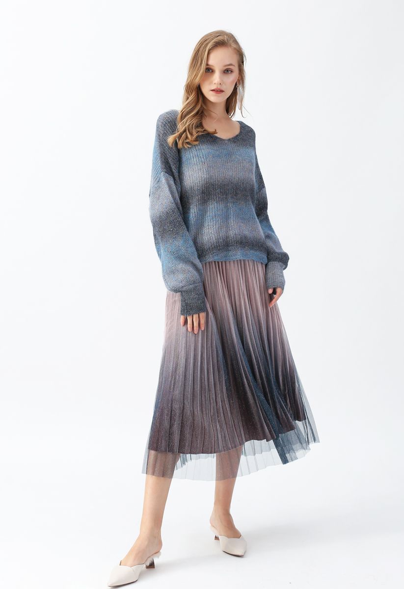Gradient Shiny Mesh Pleated Skirt in 