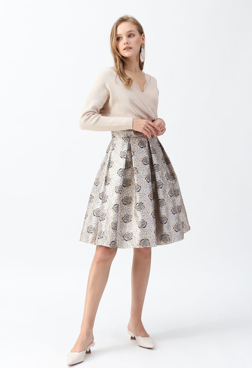 Golden Rose Bowknot Jacquard Pleated Skirt