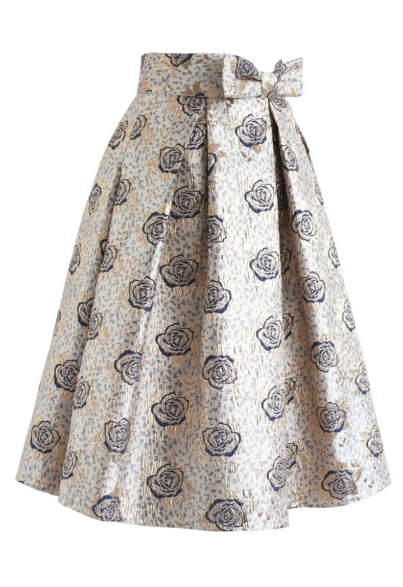 Golden Rose Bowknot Jacquard Pleated Skirt