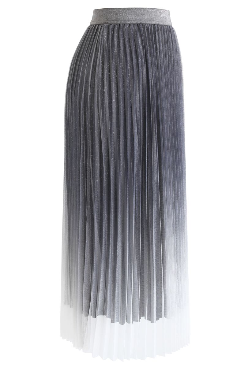 Gradient Shiny Mesh Pleated Skirt in Grey